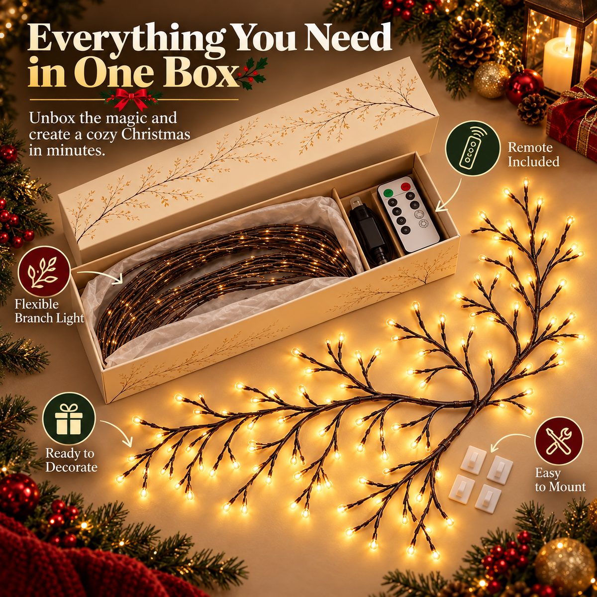 ✨ Flexible LED Branch Lights | Remote-Controlled Holiday Wall Decor🎁